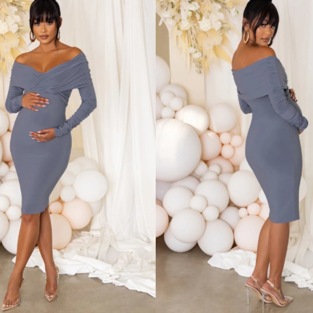LITTLE STAR DOVE GRAY MATERNITY TWIST FRONT MIDI DRESS